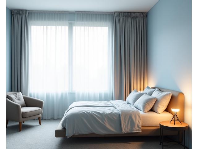 A serene bedroom with calming blue and grey tones, soft lighting, and natural textures, promoting restful sleep.