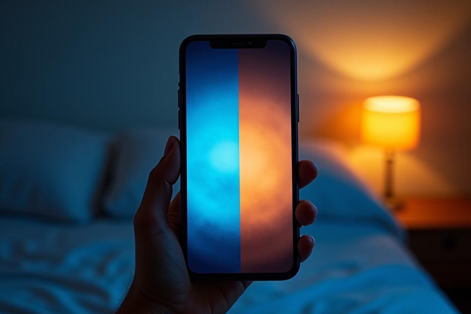 Side-by-side comparison of a smartphone screen showing a harsh blue light setting versus a warm, soft-toned setting, illustrating circadian rhythm benefits.