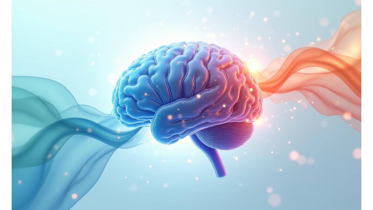 Abstract visualization of color waves influencing a brain diagram, showing mood changes from cool to warm tones.
