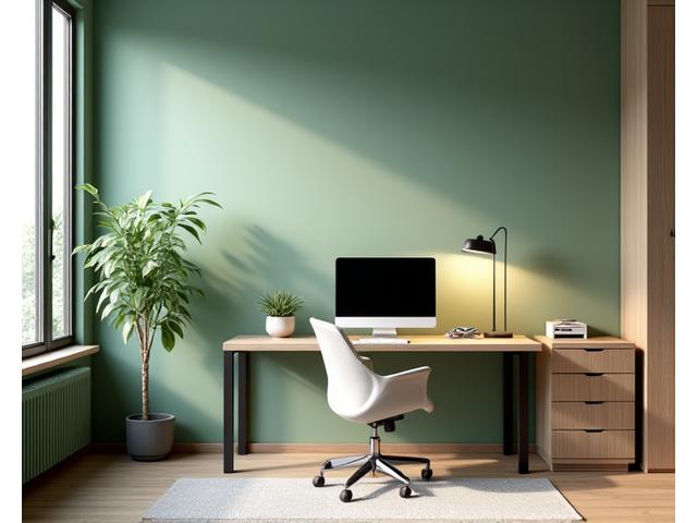 A focused home office space with muted green walls, warm wooden desk, and a bright desk lamp, enhancing concentration.