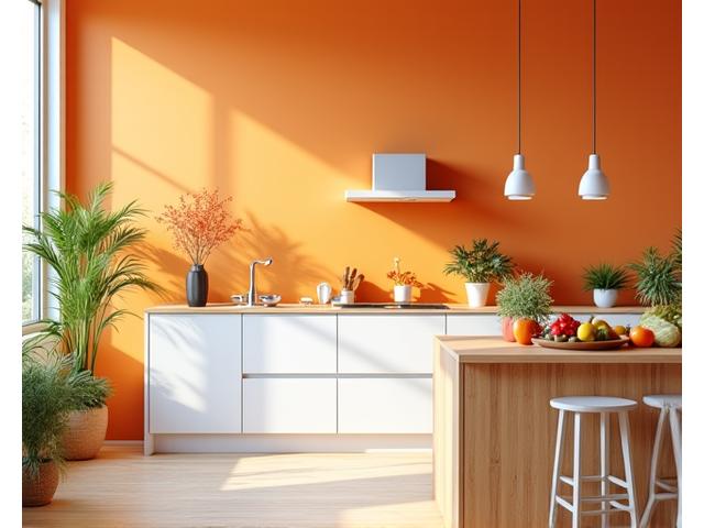 A vibrant, clean kitchen with accents of orange and white, promoting a healthy and joyful cooking environment.