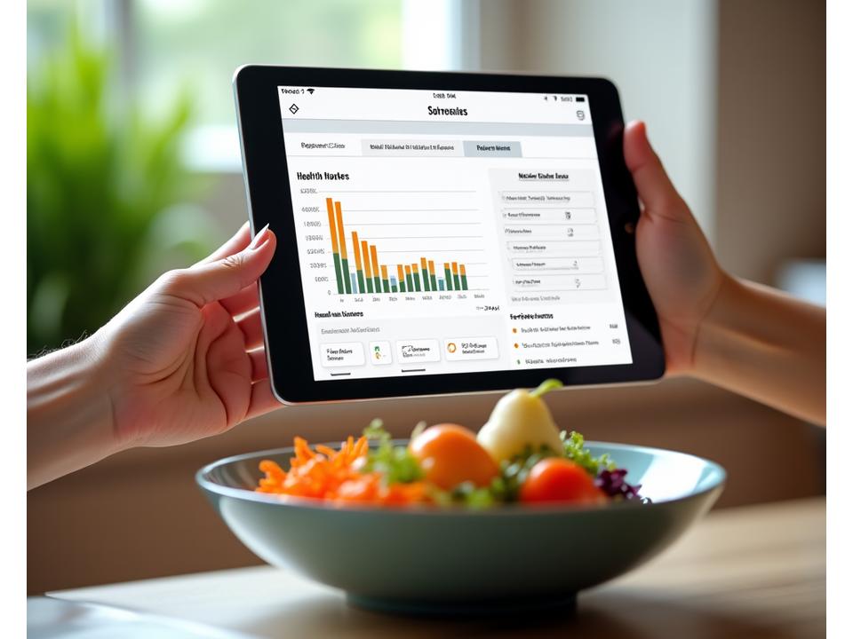 A tablet displaying a personalized nutrition assessment interface with charts and graphs, overlaid with hands interacting with a healthy meal, symbolizing data-driven choices.