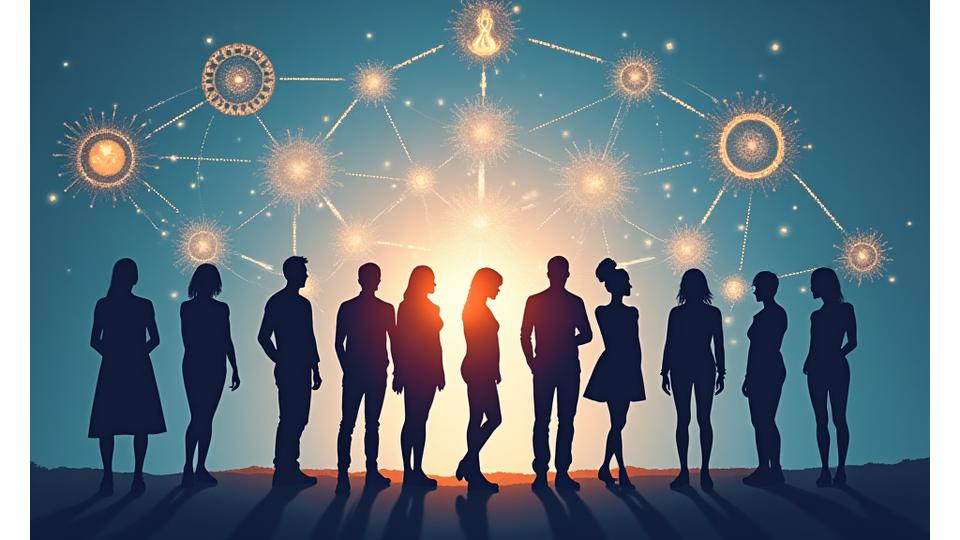 An infographic representing the concept of bioindividuality with diverse human silhouettes and interconnected food molecules, all within a subtle, scientific background.