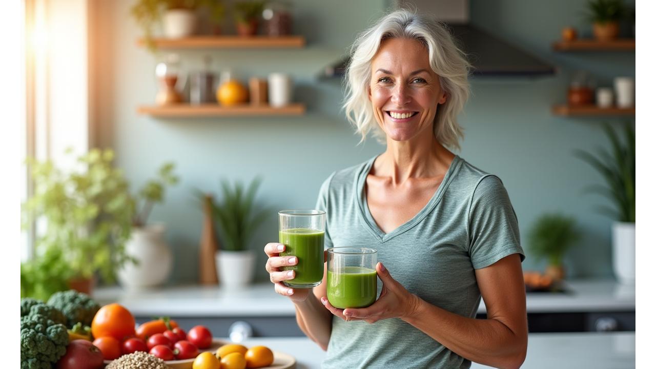 A woman in her late 40s smiling confidently while holding a vibrant green smoothie and looking at fresh fruits and vegetables on a kitchen counter, symbolizing personalized healthy eating.