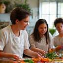 A diverse family happily cooking together in a bright, modern kitchen, preparing a colorful plant-based meal, emphasizing inclusivity.