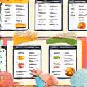 A diverse collection of meal planning templates displayed on a screen, with hands interactively dragging and dropping food items, showcasing customization.