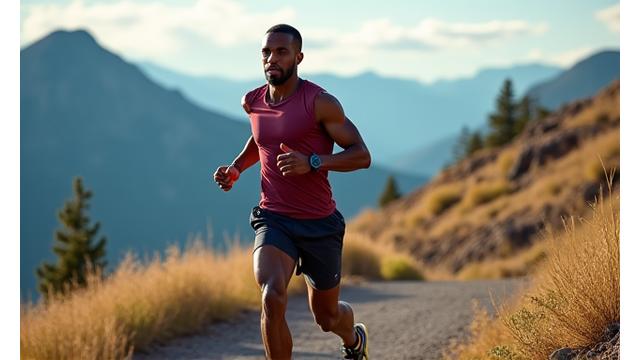 A focused male runner in his 40s sprinting on a mountain path, surrounded by natural beauty, embodying peak athletic performance.