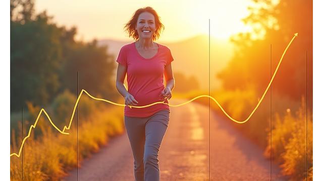 A digitally enhanced graph showing a sharp increase in energy levels over time, with a confident, smiling woman in her 40s in the background.