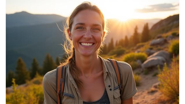 A happy woman in her late 30s standing confidently on a mountain trail, symbolizing healthy weight optimization and active lifestyle.