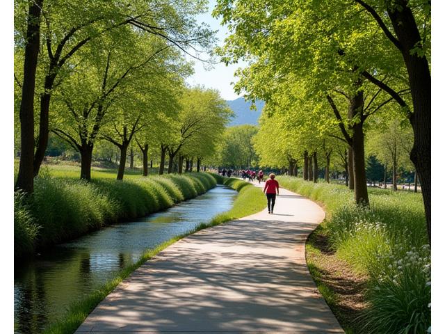People walking and cycling along the scenic Boulder Creek Path.