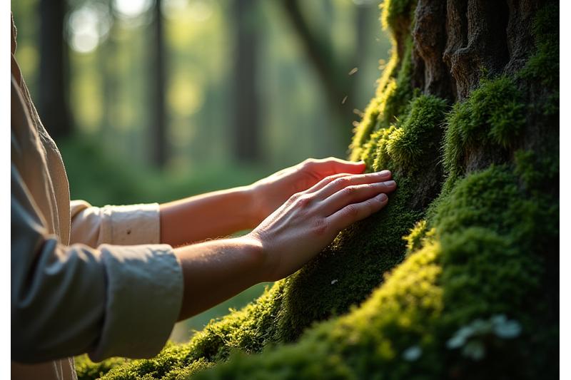 Person gently touching moss on a tree trunk in a sun-dappled forest, eyes closed in contemplation.
