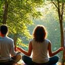 Group of diverse adults meditating outdoors in a sunny forest.