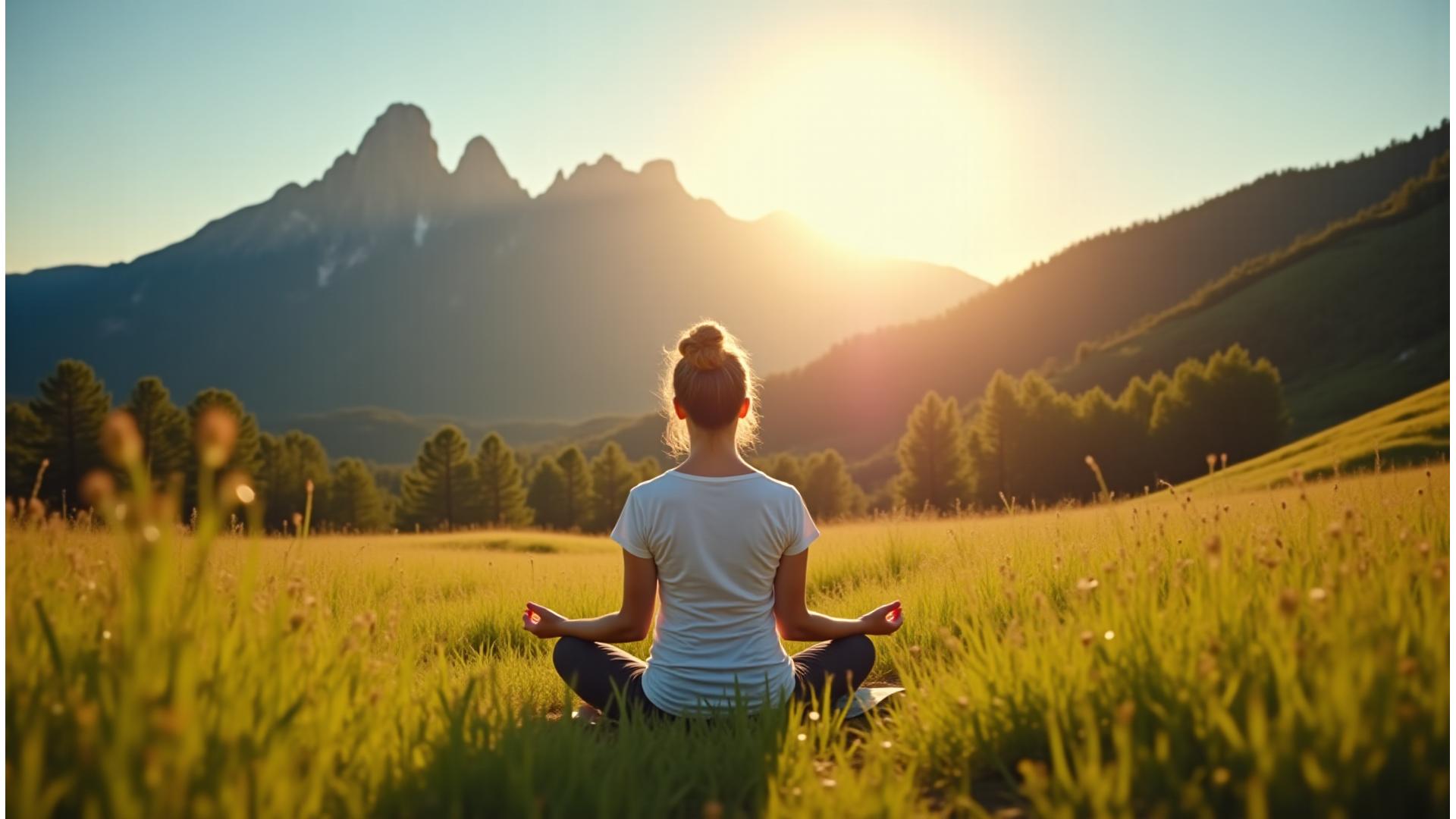 Panoramic view of Boulder's Flatirons with a person practicing mindful breathing in the foreground, bathed in golden hour light.