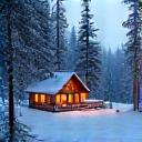 Cozy and rustic cabin nestled in a snowy forest, steam rising from a hot tub.