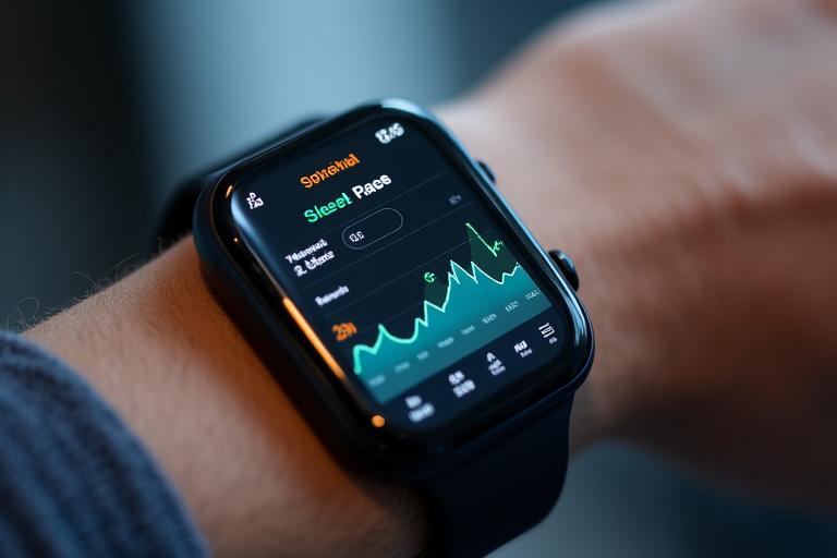 A digital dashboard displaying various health metrics like heart rate, sleep cycles, blood sugar levels, and activity scores, compatible with wearable devices, with clear graphs and trends.