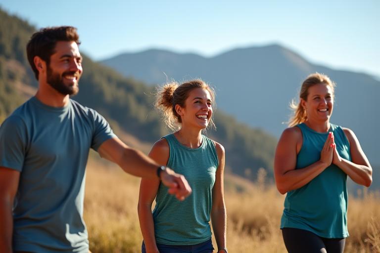 A diverse group of healthy adults, aged 40-60, smiling and engaging in an outdoor activity like hiking or yoga in a scenic Boulder-like setting, symbolizing community, vitality, and shared wellness goals.