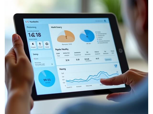 Digital longevity toolkit interface with charts, health metrics, and a calendar displayed on a tablet, symbolizing scientific data and personalized wellness planning.