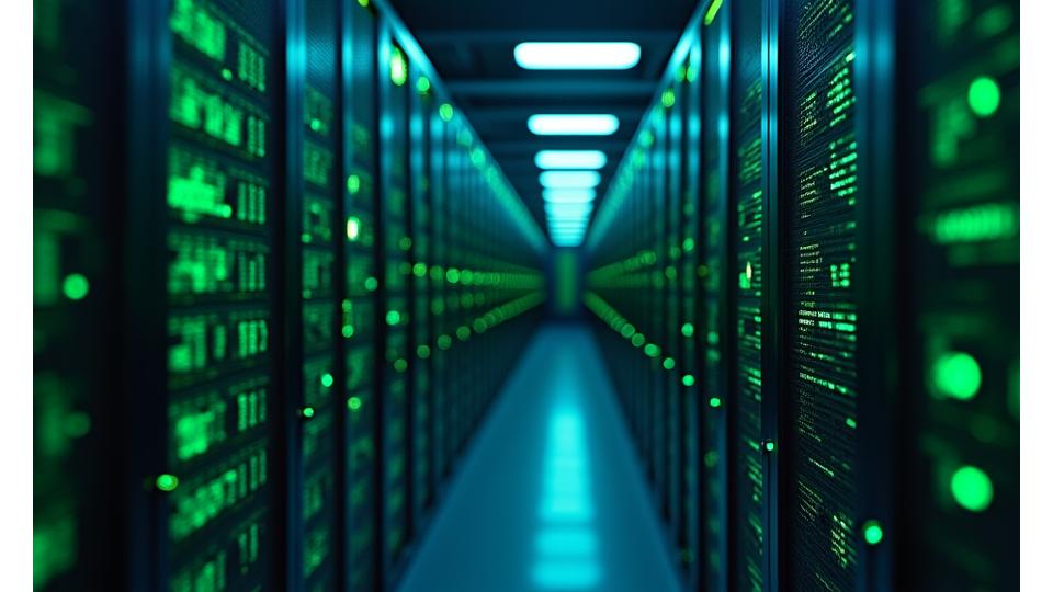 Digital illustration of a vaulted, secure server room with glowing green data streams, representing robust data protection.