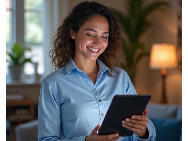 A warm, approachable certified sleep specialist (female, 40s) smiling and engaging with a client remotely on a tablet, demonstrating personalized support.