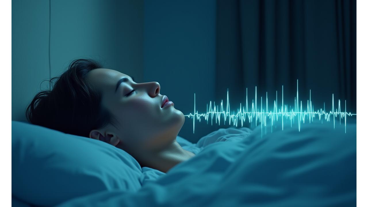 Abstract visualization of sleep tracking data showing calm, deep sleep cycles and a peaceful human silhouette for sleep optimization