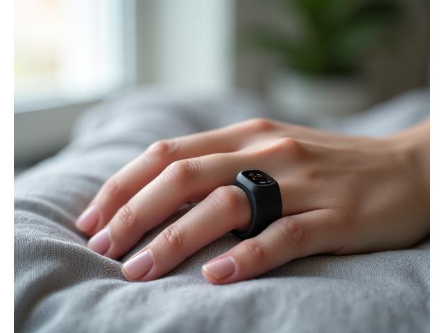 Close-up of a sleek Oura Ring on a finger, emphasizing its discreet design and advanced sensors.