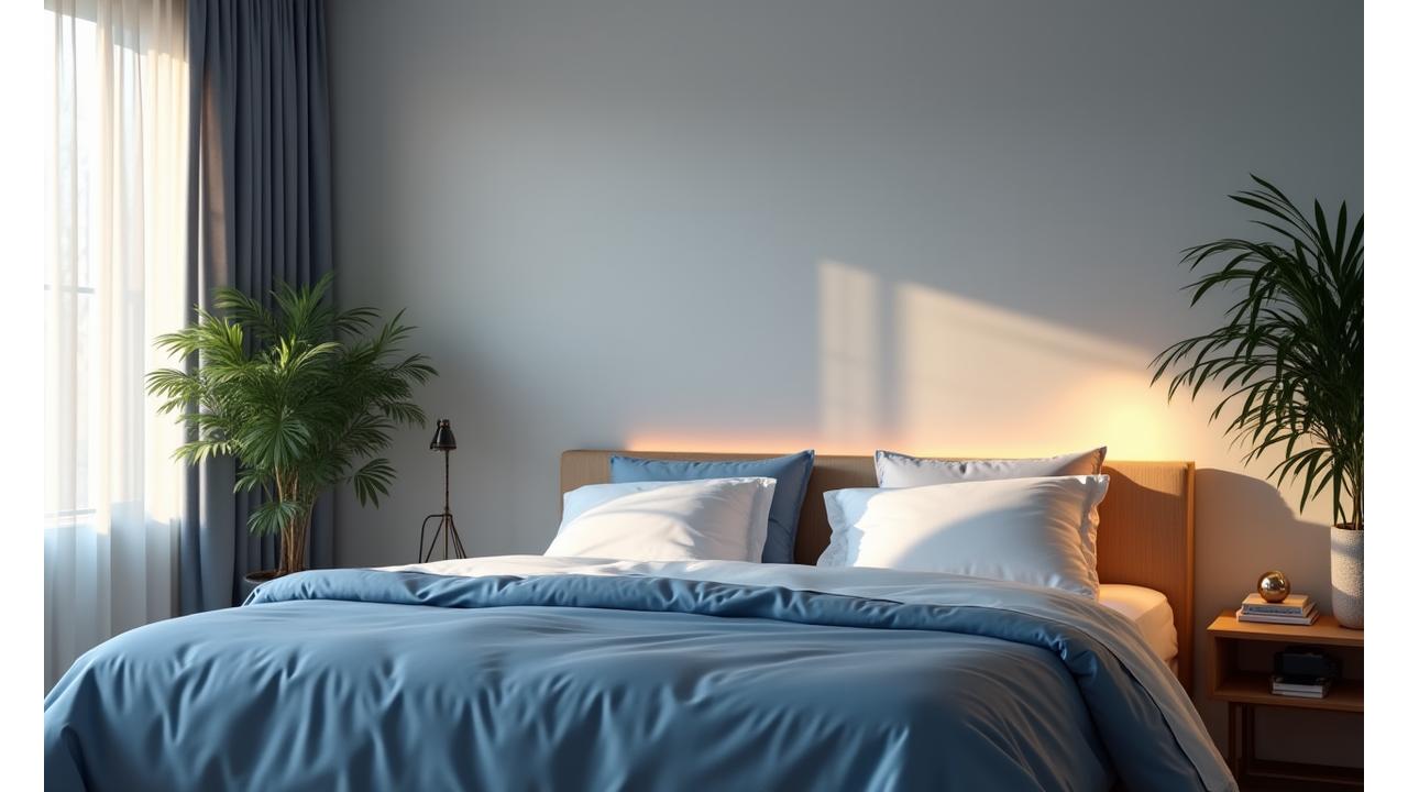 A serene, minimalist bedroom at twilight with soft ambient lighting, clean white linens, and a plant, creating a peaceful sleep environment.