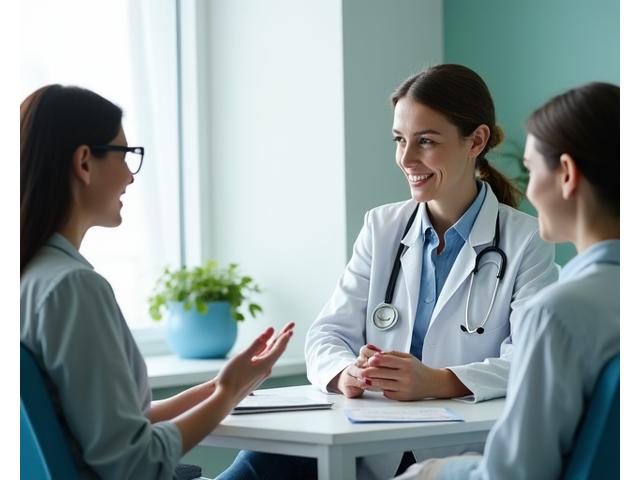 A healthcare professional discussing information with a patient, emphasizing the need for professional medical advice over online content.