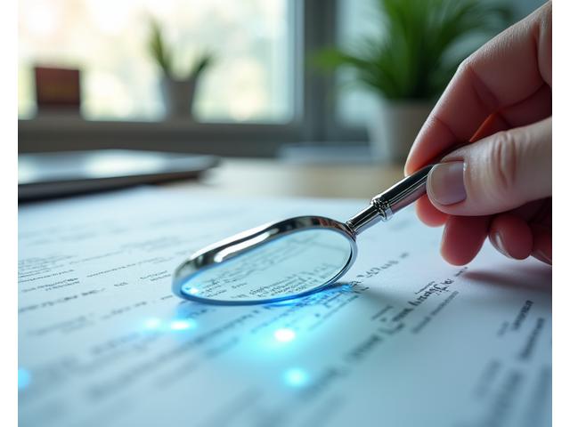 A hand holding a magnifying glass over a document with abstract legal symbols, representing clarity and examination of terms.