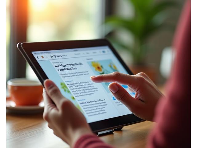Close-up of a person's hands interacting with a tablet displaying wellness articles, highlighting digital content consumption in a modern, calm setting.