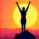 A person triumphantly raising their arms on a mountain peak, symbolizing achievement and success.