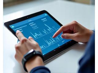 A person interacting with a health tracking app on a tablet, displaying graphs and health metrics, with a smartwatch visible on their wrist.