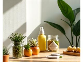 An array of sustainable and eco-friendly home products: bamboo toothbrush, reusable shopping bags, glass food containers, and natural cleaning supplies, on a wooden counter.