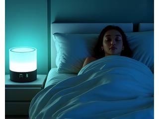 A serene bedroom scene with a person meditating gently on a bed, surrounded by soft lighting, a sunrise alarm clock, and a relaxing aromatherapy diffuser.