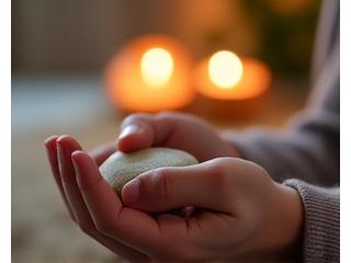 A person calmly holding a smooth meditation stone, with a subtle aromatherapy diffuser and flickering candle in the soft-focused background, indicating stress relief.