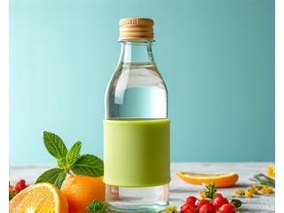 A stylish, reusable glass water bottle with a silicone sleeve standing next to fresh fruit, emphasizing eco-friendliness and hydration.