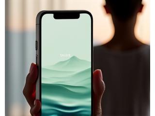 A smartphone displaying a minimalist meditation app interface, with a person in a calm, meditative pose in the blurred background.