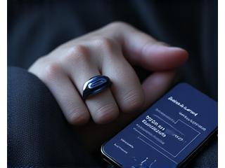 A sleek, modern smart ring on a person's finger, showcasing a smartphone screen displaying detailed sleep cycle data and health metrics.