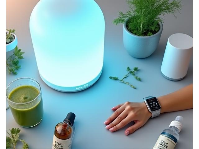A vibrant collage of diverse wellness products and tools: a glowing blue light therapy lamp, an herbal supplement bottle, a fitness tracker watch on a wrist, a glass of green smoothie, and aromatherapy diffusers, all artfully arranged on a clean, modern surface.